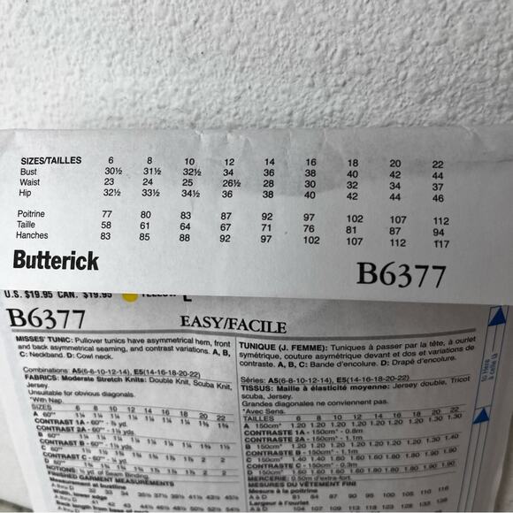 Butterick Sewing Pattern Long sleeve Asymmetrical hemline Tunic size 14-22 - Picture 6 of 6